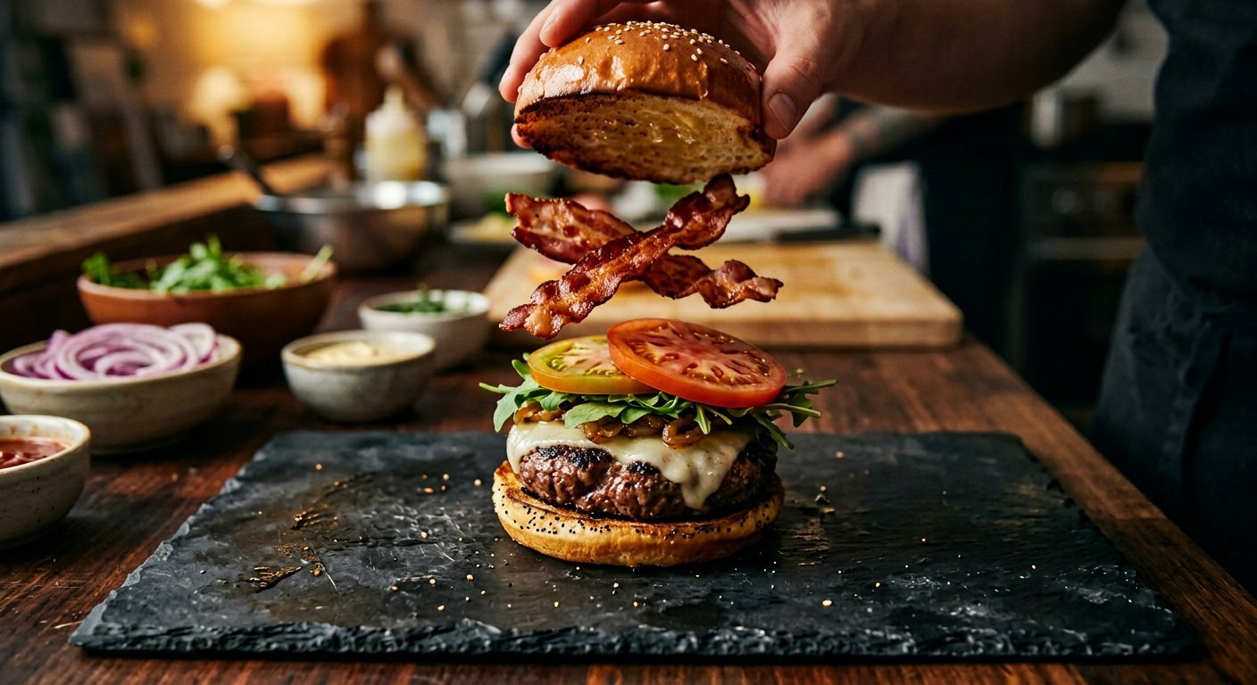 Food content creation still of a gourmet burger
